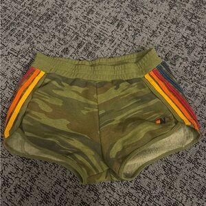 Olive Camouflage Women's Shorts with Rainbow Stripes